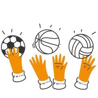 hand- getrokken tekening hand- houden en Speel sport ballen illustratie vector