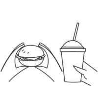 hand- getrokken tekening hand- Holding Hamburger en Frisdrank illustratie vector