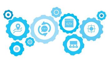 verbonden versnellingen en vector pictogrammen voor logistiek, onderhoud, Verzenden, verdeling, vervoer, markt, communiceren concepten. in de roos, dartbord uitrusting blauw icoon reeks Aan wit achtergrond