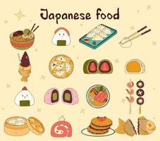 traditioneel Japans voedsel. Aziatisch yakitori spiesjes, ramen, knoedels, taiyaki, matcha taart rollen, shabu shabu, onigiri, wonton, daifuku. vector illistration