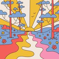 retro psychedelisch landschap. wijnoogst hippie achtergrond met zonsondergang, regenboog rivier, groeten en bloemen. contour hand- getrokken vector illustratie in jaren 70 groovy stijl.