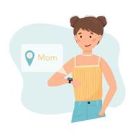 meisje met slim kijk maar Aan haar pols, inkomend kennisgeving. tekenfilm vrouw op zoek Bij geschiktheid armband. sharing geolocatie. vector geïsoleerd vlak illustratie.