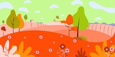 panoramisch van platteland landschap in herfst, vector illustratie van horizontaal banier van herfst landschap bergen en esdoorn- bomen gedaald met geel gebladerte
