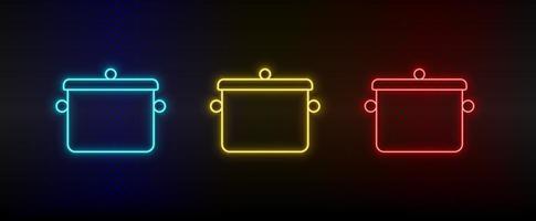 neon icoon reeks Koken pan. reeks van rood, blauw, geel neon vector icoon Aan donker achtergrond