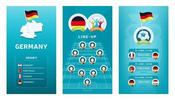europese 2020 voetbal verticale banner set voor sociale media. Duitsland groep f banner met isometrische kaart, speldvlag, wedstrijdschema en opstelling op voetbalveld vector
