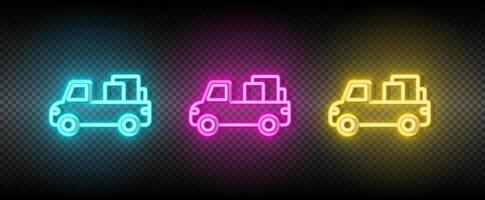 vrachtwagen, lading neon icoon set. media afzet vector illustratie neon blauw, geel, rood icoon reeks