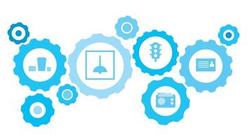 verbonden versnellingen en vector pictogrammen voor logistiek, onderhoud, Verzenden, verdeling, vervoer, markt, communiceren concepten. arbeiders, reparatie uitrusting blauw icoon reeks icoon Aan donker achtergrond