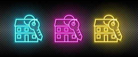 echt landgoed vector accommodatie, appartement, huis, sleutel. illustratie neon blauw, geel, rood icoon reeks