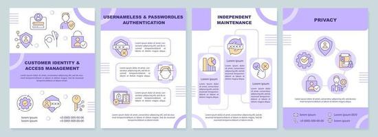 cliënt identiteit toegang en beheer Purper brochure sjabloon. brochure ontwerp met lineair pictogrammen. bewerkbare 4 vector indelingen voor presentatie, jaar- rapporten