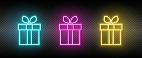 geschenk, doos, online neon icoon set. media afzet vector illustratie neon blauw, geel, rood icoon reeks