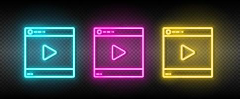 video speler, online neon icoon set. media afzet vector illustratie neon blauw, geel, rood icoon reeks