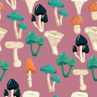 paddestoel naadloos patroon ontwerp - schattig champignons met wit dots Aan groen achtergrond, kleurrijk achtergrond voor het drukken brochure, poster, kaart, afdrukken, textiel, tijdschriften, sport dragen. meetkundig vector