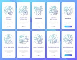 informatie technologie personeel blauw helling onboarding mobiel app schermen set. walkthrough 5 stappen grafisch instructie met lineair concepten. ui, ux, gui sjabloon vector