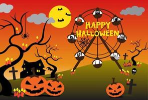 gelukkig halloween pret park vector. dracula, heks, geest, pompoen, schedel, inactief hand- en spin web rijden in de ferris wiel met achtervolgd huis, graven, monster bomen, kaarsen en jack O' lantaarns. vector