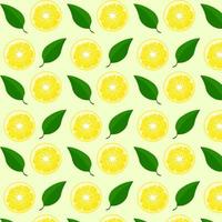 citroen gesneden met groen bladeren naadloos patroon. voor affiches, logo's, etiketten, spandoeken, stickers, Product verpakking ontwerp, enz. vector illustratie