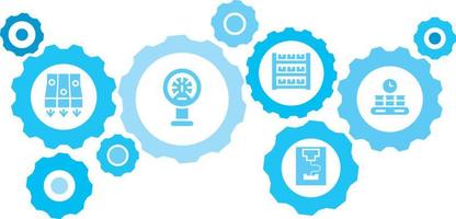 verbonden versnellingen en vector pictogrammen voor logistiek, onderhoud, Verzenden, verdeling, vervoer, markt, communiceren concepten. massa, productie, productie uitrusting blauw icoon reeks Aan wit achtergrond