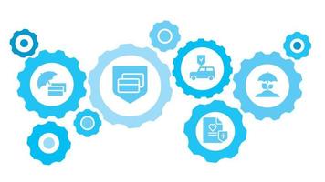 verbonden versnellingen en pictogrammen voor logistiek, onderhoud, Verzenden, verdeling, vervoer, markt, communiceren concepten. Bijsnijden, oogst, verzekering, bescherming uitrusting blauw icoon reeks Aan wit achtergrond vector