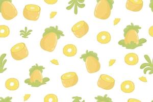 ananas fruit vers naadloos patroon. ananas en bladeren op geel naadloos patroon. modern tropisch exotisch fruitontwerp voor inpakpapier, textiel, banner, web, app. helder sappig geel ananasfruit en zachtgroene bladeren vector
