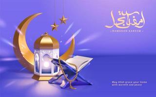 3d modern Ramadan achtergrond geschikt voor groet kaart of uitverkoop sjabloon. speelgoed- lay-out ontwerp van Islamitisch lantaarn, heilig koran en de goud maan. vector