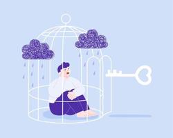 vlak illustratie van een huilen Mens zittend in de kooi met sleutel buiten. concept van vrij van depressie en andere mentaal Gezondheid problemen. vector