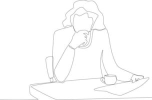 een vrouw werken met een kop van koffie Bij de tafel vector