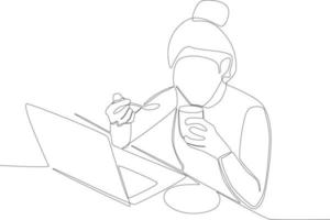 een vrouw werken terwijl drinken koffie vector