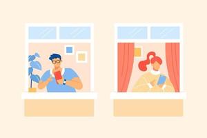 vlak stijl illustratie van mensen blijven verbonden met telefoons. een Mens en vrouw in huis gebruik makend van hun smartphones, concept van blijven Bij huis maar houden in tintje vector