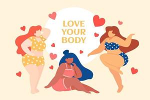 vlak illustratie van zelf liefde van maatje meer Dames. groep van vrouw vervelend lingerie, beha en bikini met hart, de concept van lichaam positiviteit vector