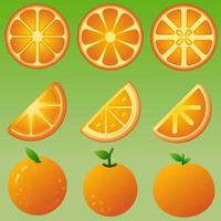 sinaasappels icoon set. vector illustratie van oranje voor fruit en voedsel ontwerp. oranje icoon voor ontwerp over veganistisch, vegetarisch, gezond, eetpatroon, voeding, en tropisch. vers fruit voor gezond levensstijl