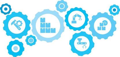 verbonden versnellingen en vector pictogrammen voor logistiek, onderhoud, Verzenden, verdeling, vervoer, markt, communiceren concepten. massa, productie, pakket uitrusting blauw icoon reeks Aan wit achtergrond