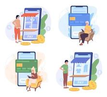 gebruik makend van smartphone voor bedrijf, financiën vlak concept vector plek illustratie set. bewerkbare 2d tekenfilm tekens Aan wit voor web ontwerp. e handel creatief ideeën pak voor website, mobiel, tijdschrift