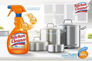 3d advertentie sjabloon voor keuken schoner. verstuiven fles bespotten omhoog en schoon metaal gereedschap reeks Aan wit wazig keuken achtergrond. vector