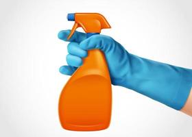 3d illustratie van realistisch hand- in blauw handschoen Holding oranje plastic op gang brengen verstuiven fles. schoonmaakster element geïsoleerd Aan wit achtergrond.