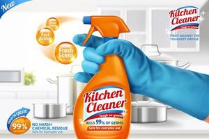 3d keuken schoonmaakster verstuiven advertentie sjabloon. realistisch oranje verstuiven fles gehouden in hand- Aan wazig wit keuken teller achtergrond. vector