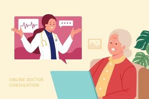 ouderling met telegeneeskunde steun. vlak illustratie van vrouw dokter overleg plegen een ouderen vrouw via online video telefoontje vector