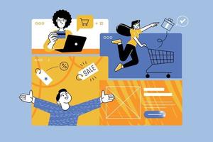 vector illustratie van e-commerce, online winkelen, uitverkoop, online winkel. creatief concept voor web banier, sociaal media banier, bedrijf presentatie, afzet materiaal.