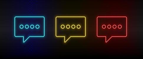 neon icoon reeks chatten, babbelen bubbel. reeks van rood, blauw, geel neon vector icoon Aan donker transparant achtergrond