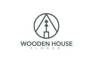 houten huis, dorp cabine huisje met pijnboom groenblijvend Spar bomen voor kamp logo ontwerp vector