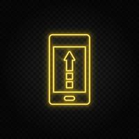 geel neon icoon telefoon, pijl omhoog, uploaden. donker achtergrond vector