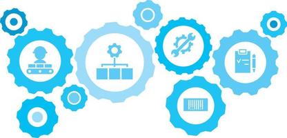verbonden versnellingen en vector pictogrammen voor logistiek, onderhoud, Verzenden, verdeling, vervoer, markt, communiceren concepten. massa, productie, klembord uitrusting blauw icoon reeks Aan wit achtergrond