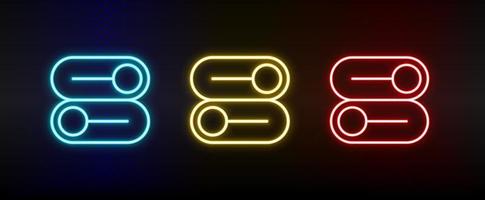 schakelaar, overstapper, opties neon icoon set. reeks van rood, blauw, geel neon vector icoon Aan donker transparant achtergrond