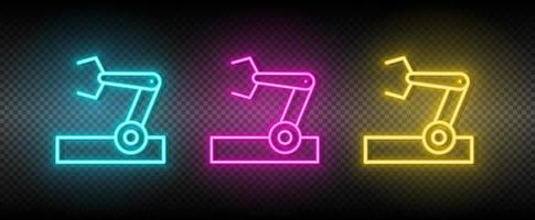industrieel robot, industrieel robot arm neon icoon set. technologie vector illustratie neon blauw, geel, rood icoon reeks