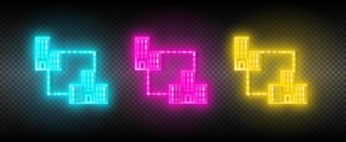 gebouw, bedrijf neon icoon set. media afzet vector illustratie neon blauw, geel, rood icoon reeks