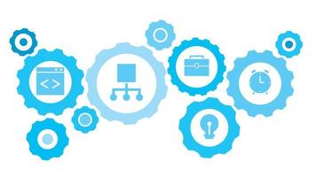 verbonden versnellingen en vector pictogrammen voor logistiek, onderhoud, Verzenden, verdeling, vervoer, markt, communiceren concepten. alarm, klok uitrusting blauw icoon reeks Aan wit achtergrond