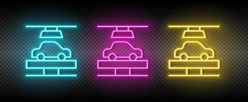 auto productie, auto- robot neon icoon set. technologie vector illustratie neon blauw, geel, rood icoon reeks