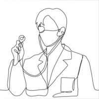 dokter Mens in masker houdt een stethoscoop in zijn hand. een lijn tekening van een jong dokter dirigeren een medisch inspectie, hij is luisteren naar de longen vector