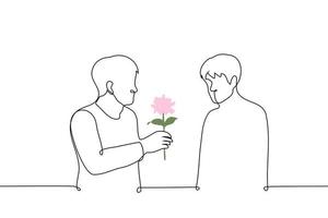 Mens geeft een Mens een bloem - een lijn tekening vector. de concept is een teken van aandacht, hofmakerij een vent vector