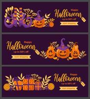 gelukkig halloween uitverkoop. reeks vector horizontaal banier in tekenfilm stijl. pompoen jack-o-lantern, geschenken, heks hoed, gestreept kousen, schoenen, lolly, herfst bladeren. voor reclame banier, poster, folder.