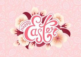 gelukkig Pasen. kers bloesem realistisch stijl. roze monochroom patroon chocola eieren, bloemen. tekening stijl. wijnoogst belettering. voor affiches, ansichtkaarten, reclame banier, website, uitverkoop folder. vector