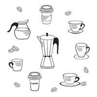 zwart en wit koffie illustratie set. koffie pot, melk kruik, granen, bril vector